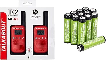 Motorola T42 RED Walkie Talkie PMR446, 16 Canales, Alcance 4 km, Rojo, 2 Unidades + Amazon Basics Pilas AAA recargables, precargadas, paquete de 12 (el aspecto puede variar)
