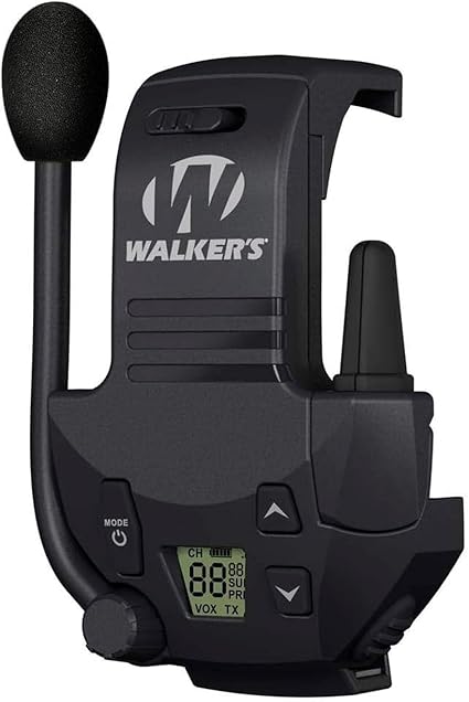 WALKER'S Razor Walkie Talkie Accesorio – 22 canales 3 millas de distancia de alcance activado por voz dispositivo de comunicación manos libres para orejeras de disparo, 3 pilas AAA incluidas