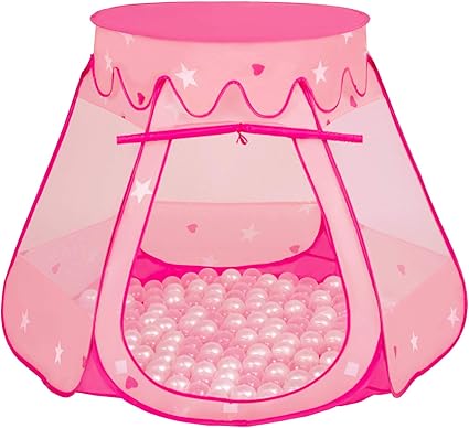 Selonis Tienda 105X90cm/100 Bolas De Campaña/Castilo Plegable con Bolas 6Cm para Niños, Rosa:Perla-Transparente