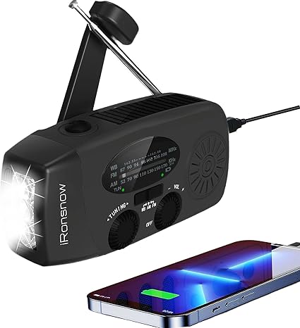 iRonsnow Radio de Emergencia, Radio Solar Portátil FM/Am/WB Manivela de la Mano Radio con 2000mAh Banco de Energía como Power Bank LED Linterna para Actividades Al Aire Libre y Emergencias