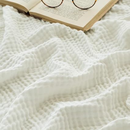 EMME Mantas de Cama de algodón de Blancas para Cama, Manta térmica de 140 x 190 cm, Manta Ligera y Suave para Todas Las Estaciones