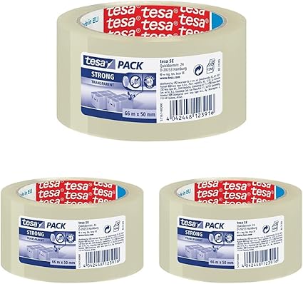 tesa Cinta adhesiva transparente strong 66 mt x 50 mm para embalaje bajo ruido (Paquete de 3)