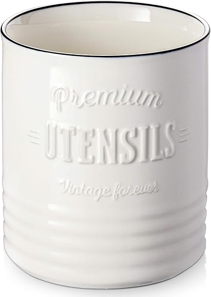 DOWAN Recipientes para Utensilios Cocina, Organizador de Utensilios de Cocina, Soporte de Cerámica para Cubiertos, Jarra de Estilo Rústico y Puro de Cubitera, Florero, Decoración, H18 x D15,7cm-Blanco