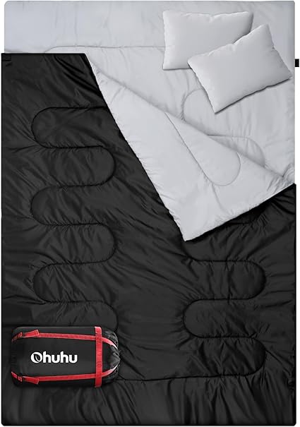 Ohuhu Saco de Dormir Doble Enorme 220x150cm con 2 Almohadas y una Bolsa de Transporte, Cuatro Doble Tiradores de la Cremallera - Temperatura Cómodo: 0 ° C ~ 10 ° C