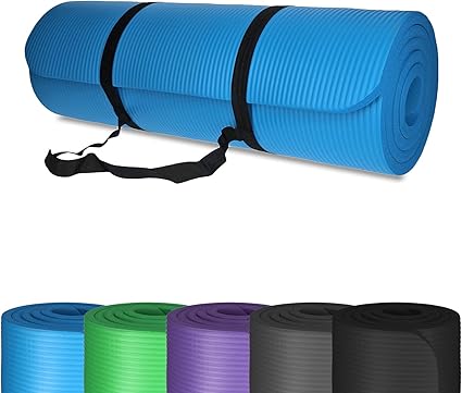 Esterilla de yoga y gimnasia, antideslizante, cuidadosa con las articulaciones, espuma NBR, 185 x 61 x 1,5 cm, con correa de transporte (azul)