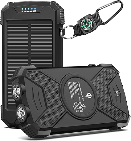 BLAVOR Banco de energía Solar Cargador Solar 10000mAh, Banco de energía USB C portátil con Panel Solar Qi Carga rápida inalámbrica Batería de Camping Cargadores solares para teléfono móvil