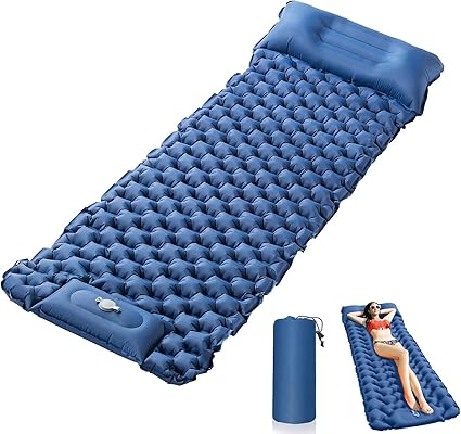 Noosverl Esterilla de camping azul oscuro, autoinflable, colchoneta para dormir con cojín y bomba de prensa, colchón impermeable plegable, senderismo, hamaca, viajes en coche