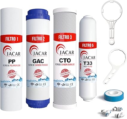 Jacar Kit de 4 Filtros para Ósmosis Inversa de 5 Etapas + Llave Sustitucion Filtro Osmosis Inversa 5 Etapas, Filtros osmosis UNIVERSALES con todos los Recambios de Filtros Osmosis inversa Domestica