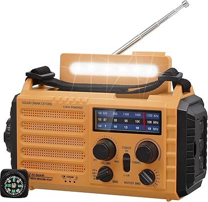 Radio Solar, Radio de Emergencia Portátil con Manivela, Radio Dynamo Weather Am/FM/SW, Cargador de Teléfono USB, Linterna LED y Luz de Lectura, Alarma SOS, Brújula para Acampar al Aire Libre