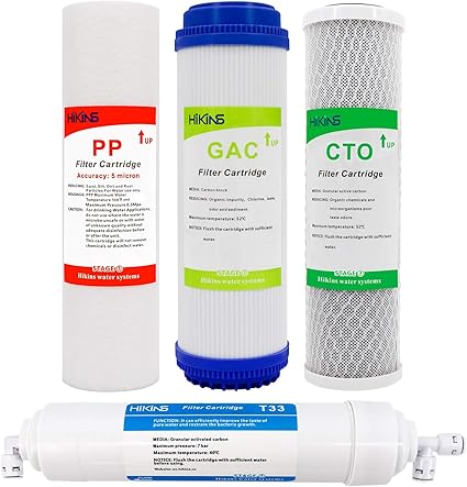 HiKiNS Filtro de Agua de Repuesto para Sistemas de Agua de ósmosis inversa, 10 Unidades, sedimento PP, carbón Activo de granulado GAC, carbón Activo cto y T33 Post carbón (4 Unidades, sin romembrana)