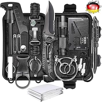 Kit de Supervivencia LC-dolida 15 en 1, Kit de Supervivencia de Emergencia al Aire Libre con Cuchillo/Linterna táctica para Acampar/bushcraft/Senderismo/Caza/Aventuras al Aire Libre