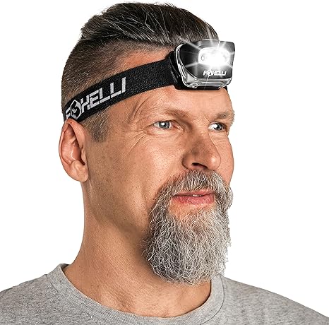 Foxelli Linterna frontal LED para adultos y niños, para correr, acampar, senderismo, funciona con pilas con luz blanca y roja, linterna frontal ligera e impermeable con cómoda diadema, pilas incluidas 