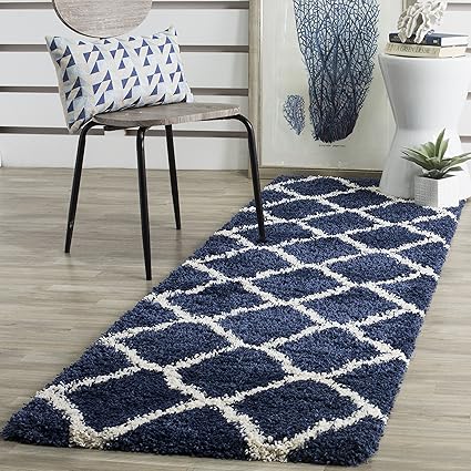 Safavirenz Shaggy SGH283 - Alfombra (Tejido de Polipropileno), Polipropileno, Azul Marino/Marfil., 2'3  x 12'